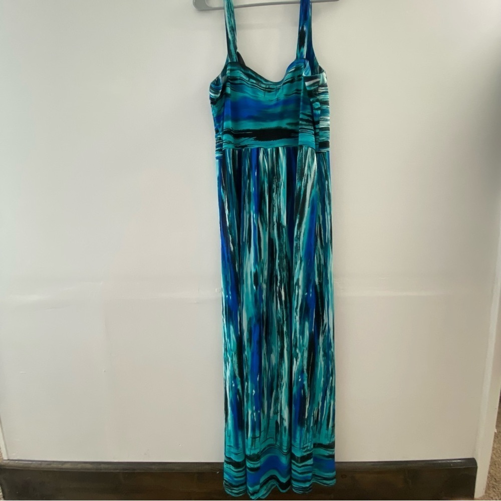 Amanda lane maxi dress blue green abstract tropical print y2k - Picture 7 of 11